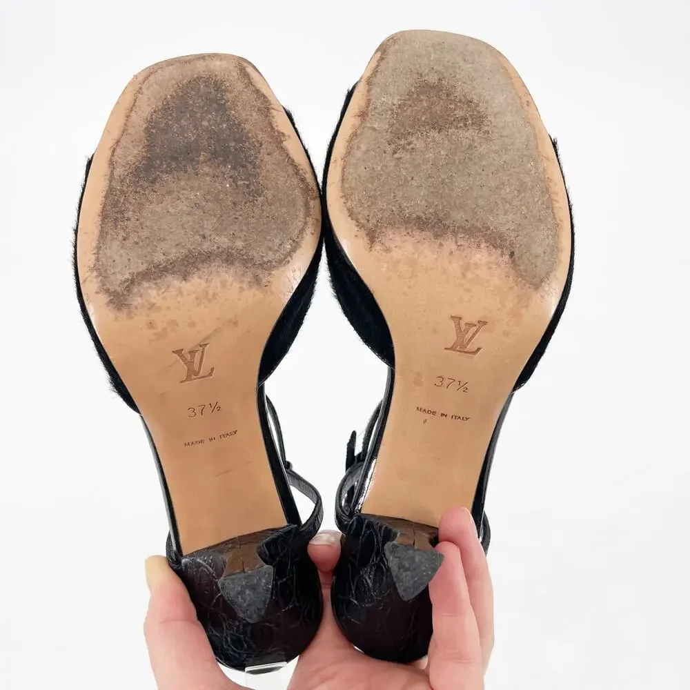 Vintage Louis Vuitton Black Pony-Style Calf Leather Rose T-Strap Sandals EU 37.5